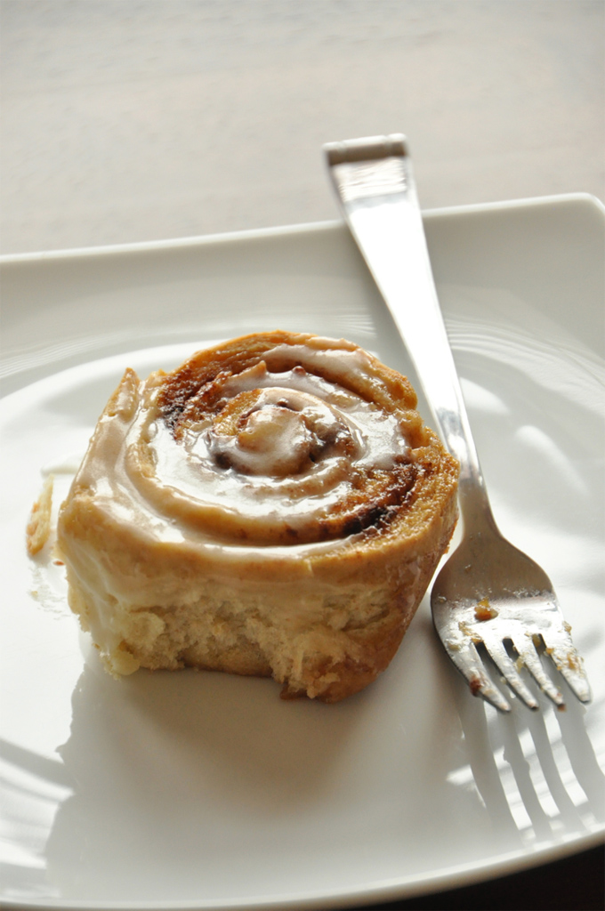 Plate with a homemade Cinnamon Roll for Christmas morning