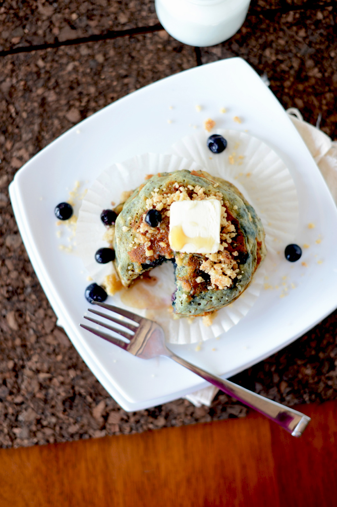 Plate with a batch of our delicious Vegan Blueberry Muffin Pancakes recipe