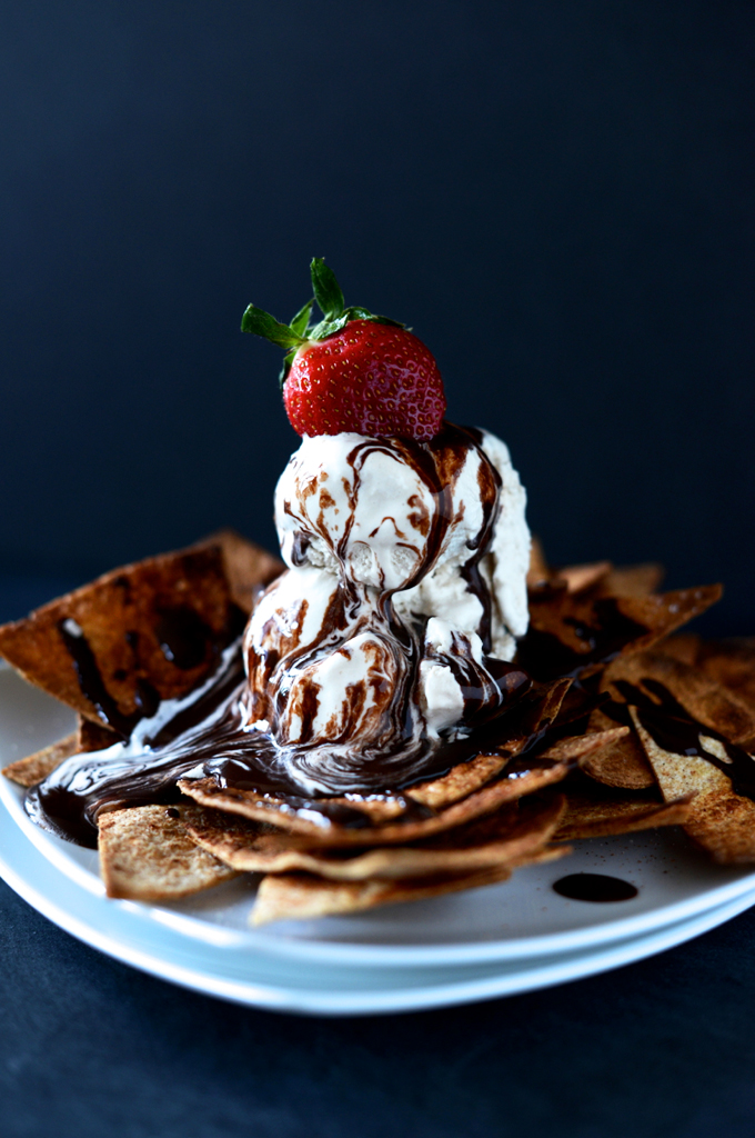 Plate of heavenly Vegan Dessert Nachos topped with Coffee Ice Cream