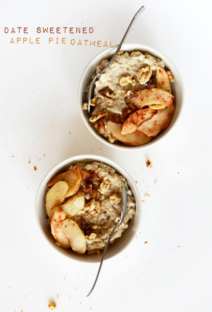 Two bowls of Date-Sweetened Apple Pie Oatmeal