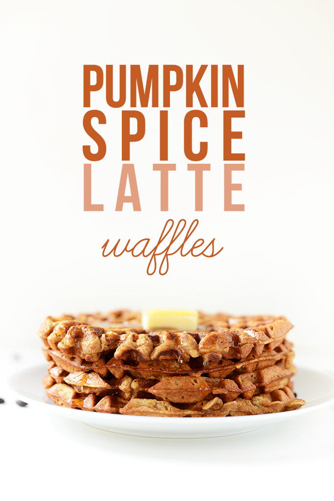 Plate with a stack of Pumpkin Spice Waffles topped with vegan butter and syrup