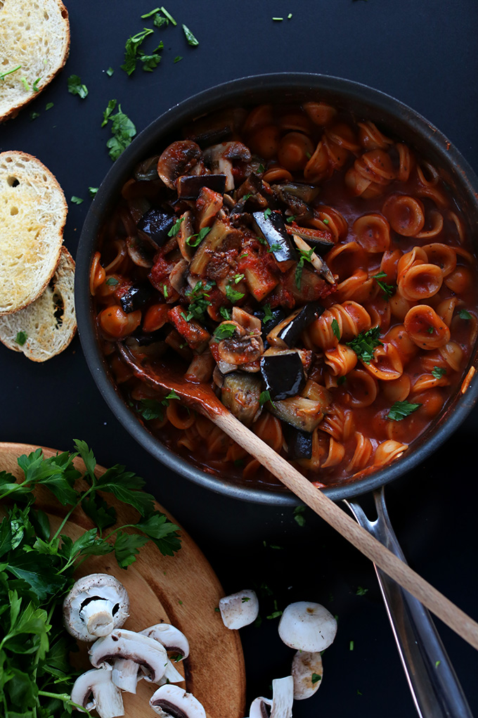 Skillet of Vegan 1 Pot Orecchiette Pasta topped with fresh parsley