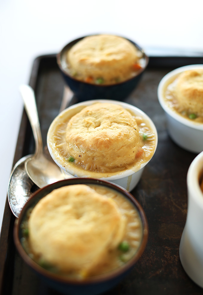 Baking sheet filled with small bowls of our 1-Hour Vegan Pot Pies recipe