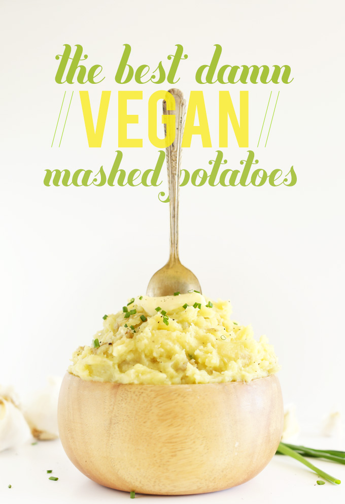 Spoon standing up in a bowl of Vegan Mashed Potatoes