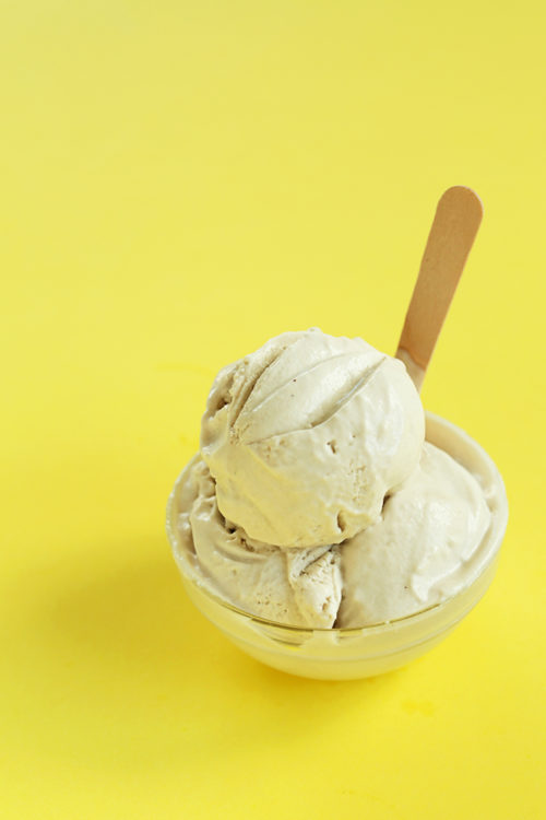 Bowl of our Creamy Vegan Salted Caramel Bourbon Ice Cream recipe