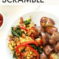 Plate of vegan tofu scramble with breakfast potatoes