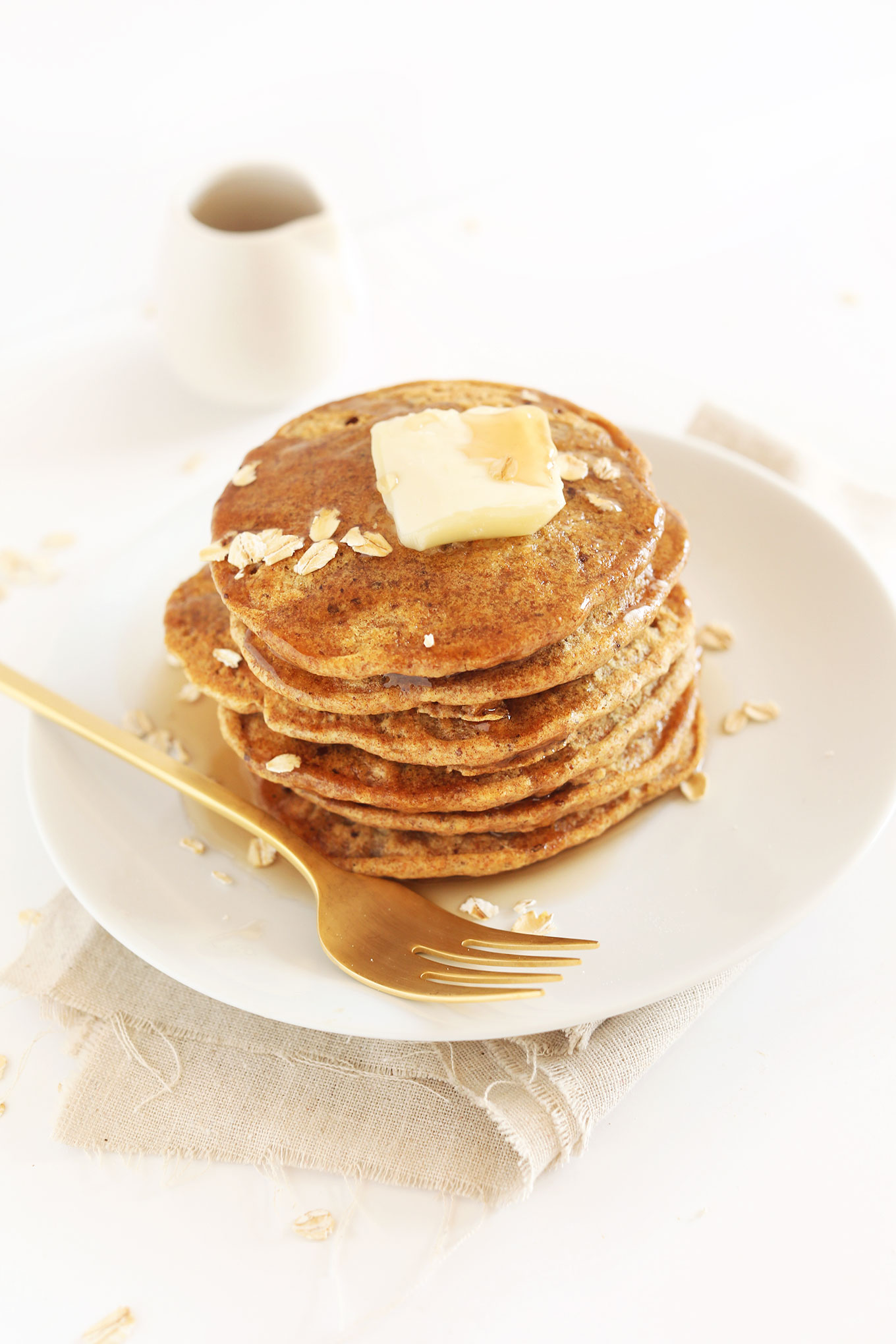 Big pile of Healthy Whole Grain Pancakes for a vegan breakfast