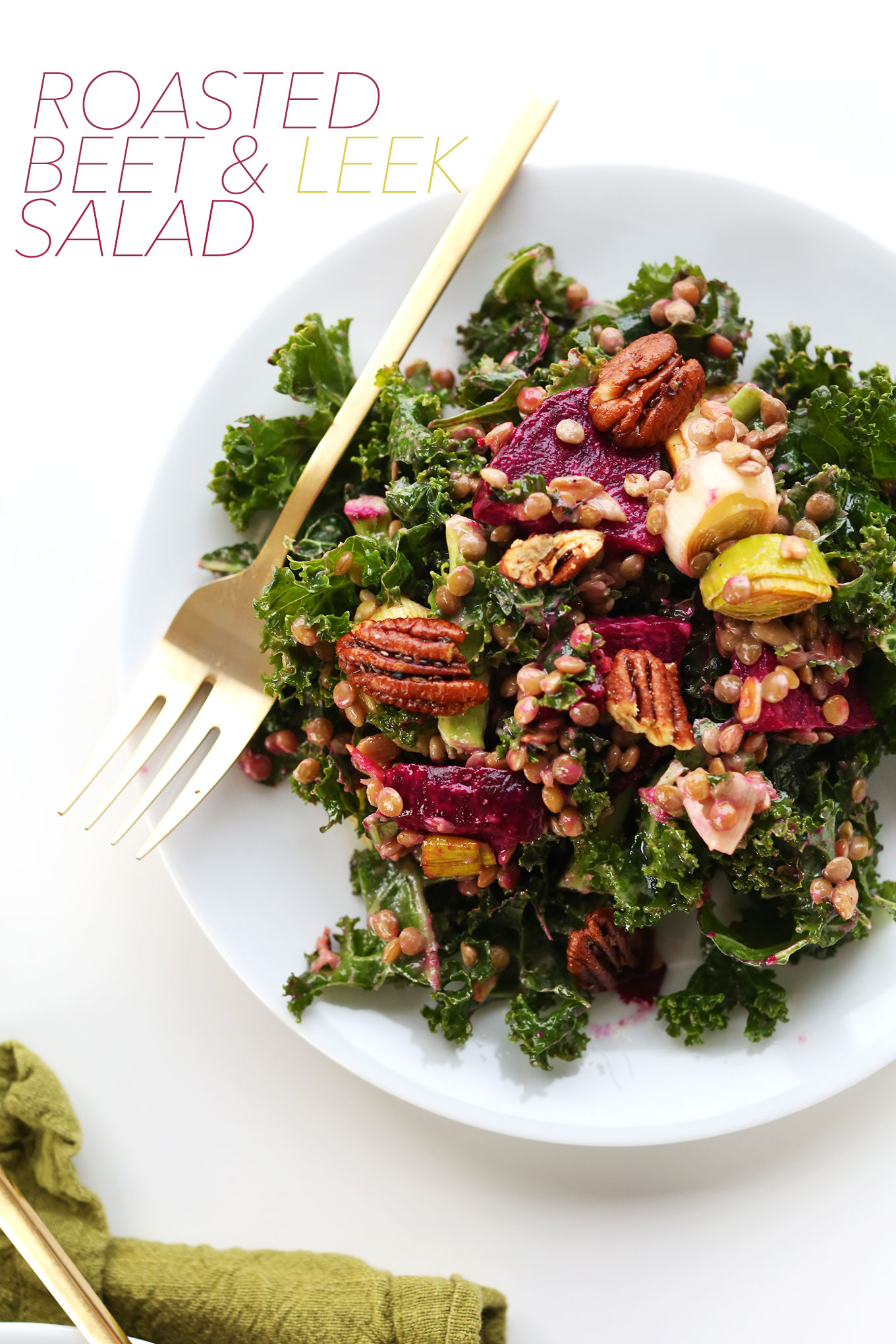 Big plate of our healthy winter kale salad recipe with lentils, beets, leeks, and pecans