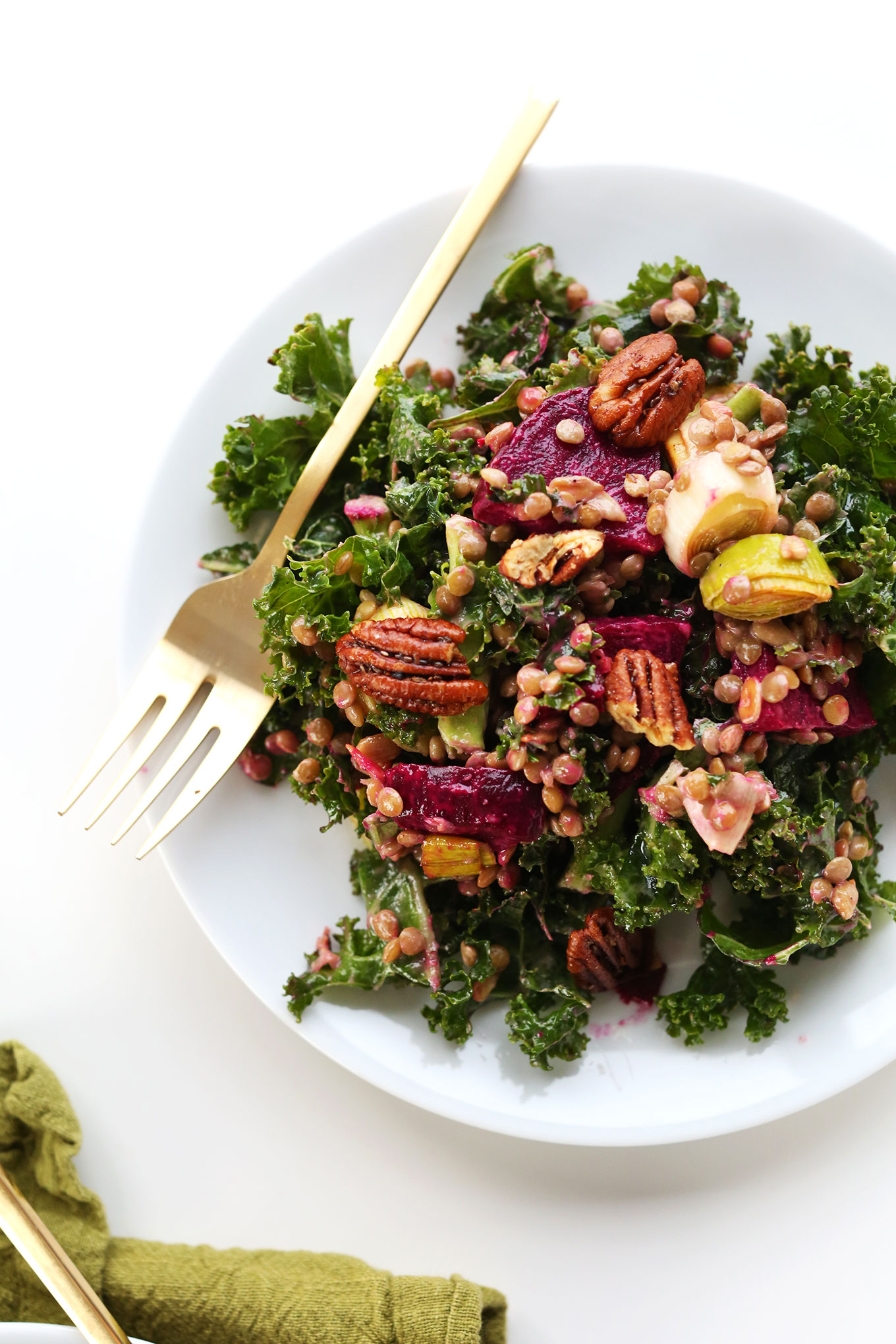 Big plate of healthy and satisfying Kale, Lentil, Roasted Beet Salad