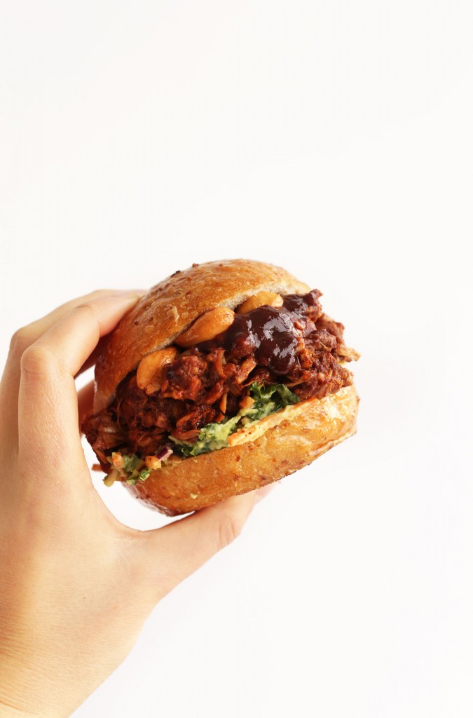 AMAZING BBQ Jackfruit Sandwiches with Avocado Slaw and Roasted Cashews! Big flavor in 30 minutes! #vegan #glutenfree #bbq