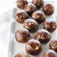 Tray of Peanut Butter Cup Energy Bites made with dates