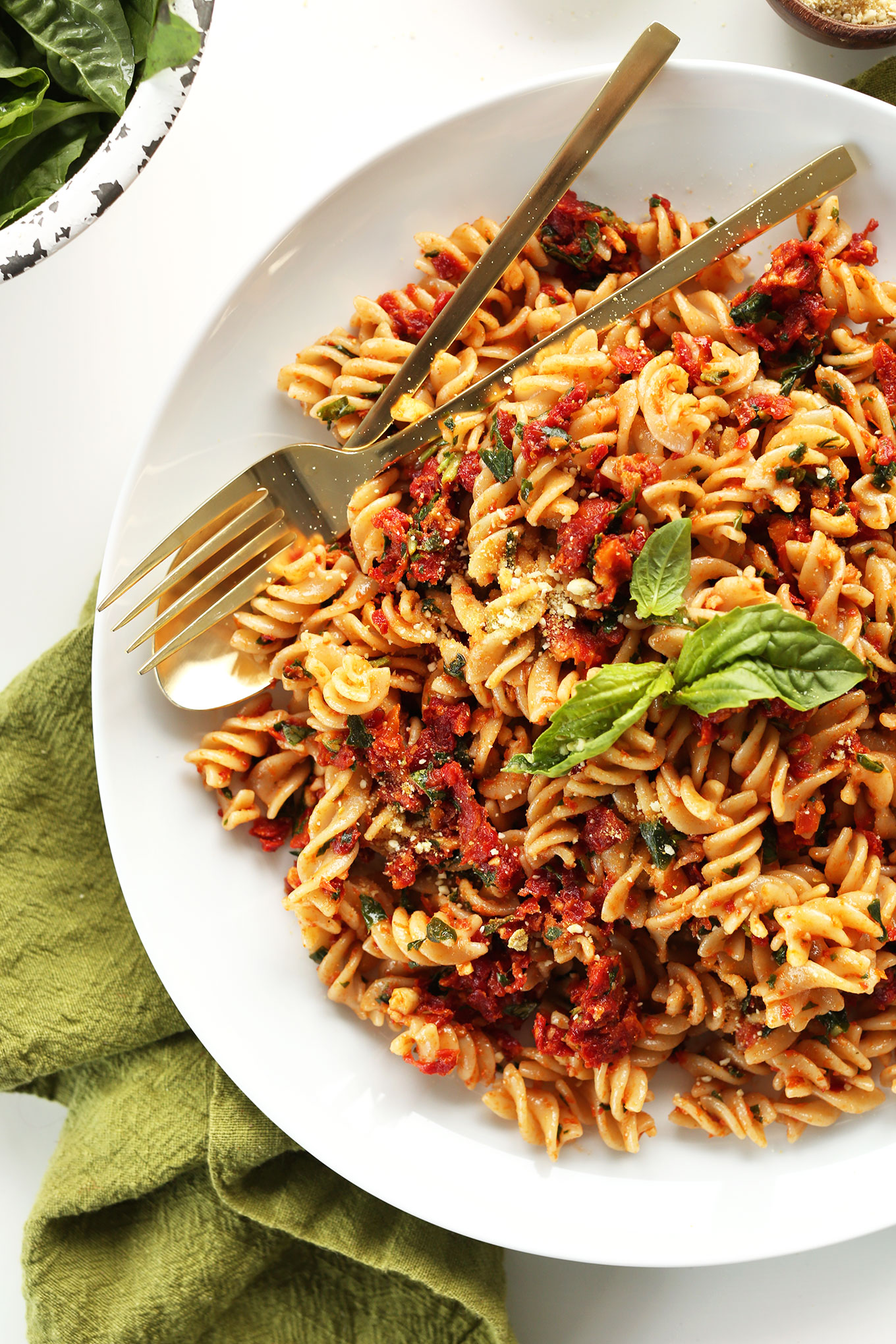 Simple gluten-free vegan dinner of our Sun-Dried Tomato Pesto Pasta recipe