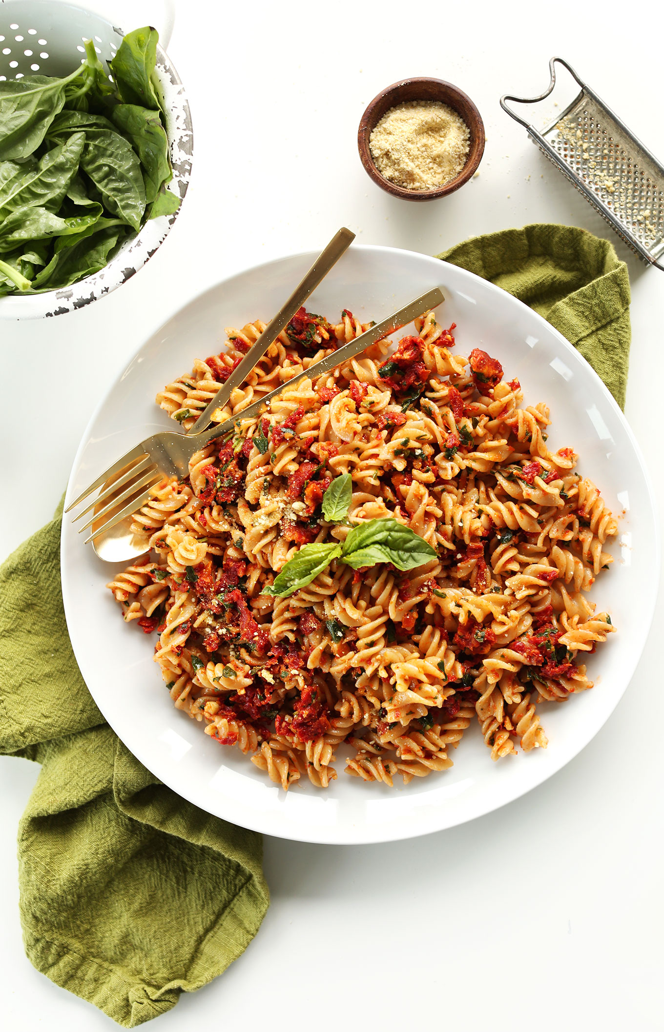 Plate of Sun-Dried Tomato Pesto Pasta for a simple gluten-free vegan meal