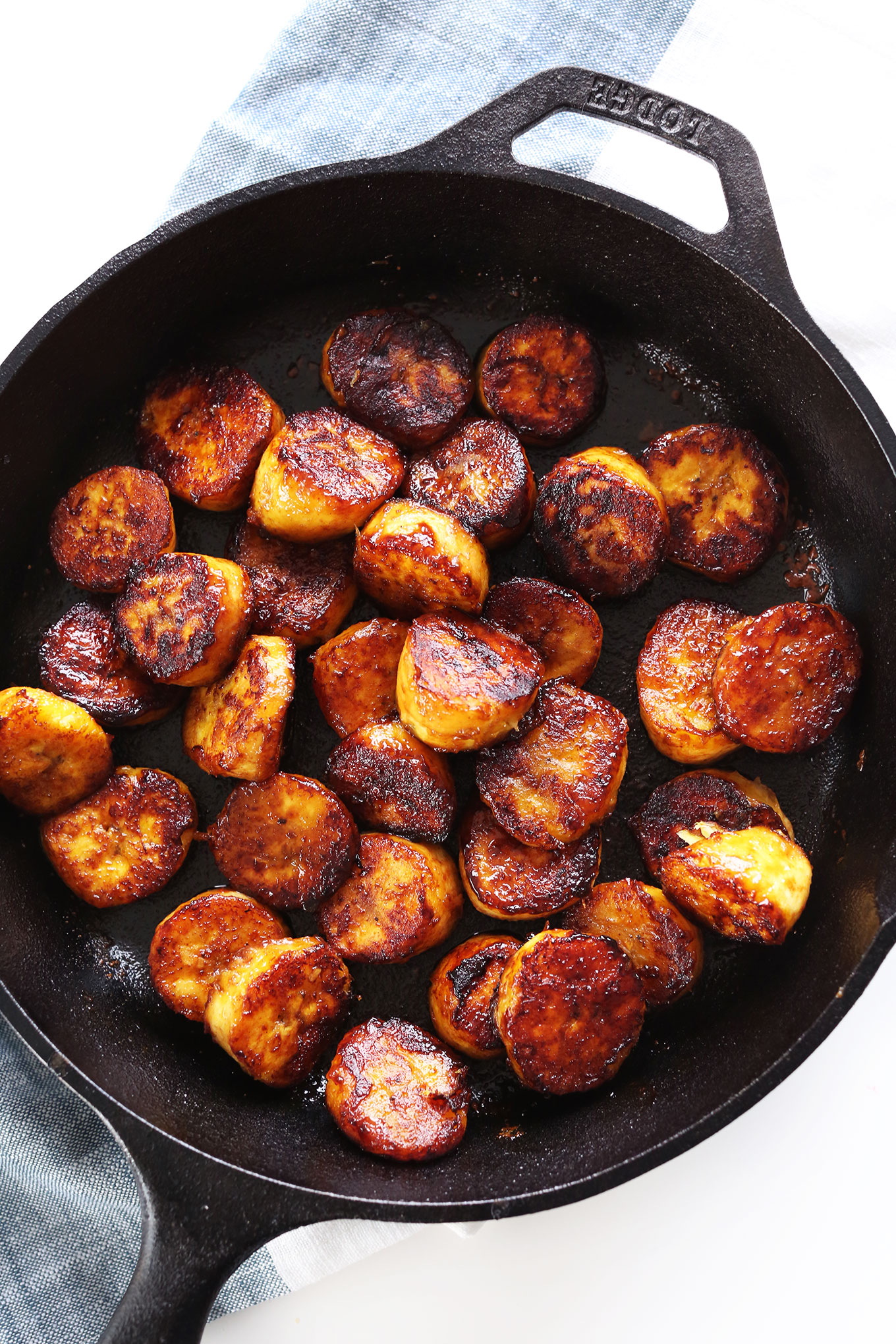 Cast-iron skillet with Amazing Coconut Sugar Caramelized Plantains
