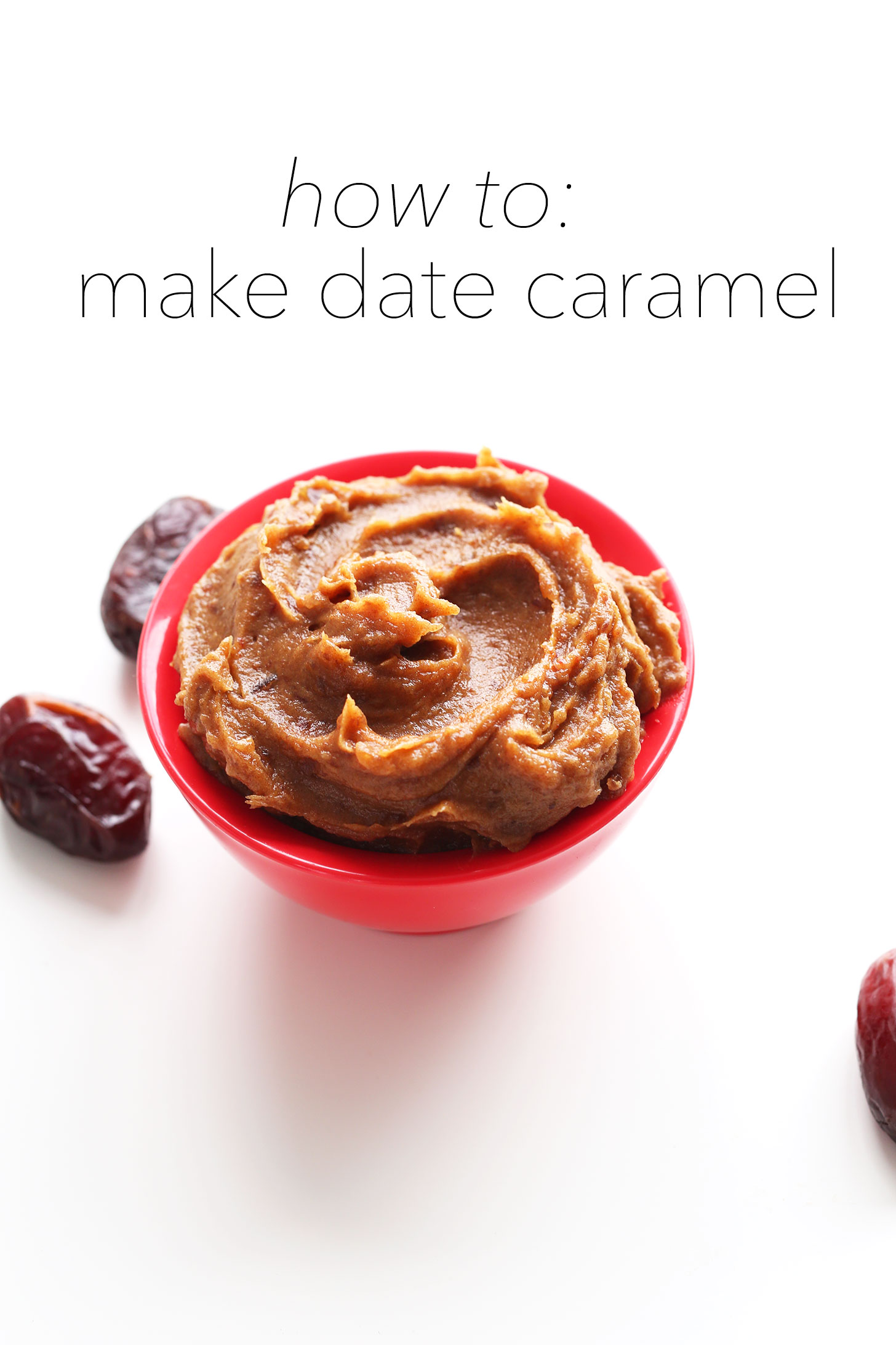 Bowl of homemade simple Date Caramel surrounded by fresh dates