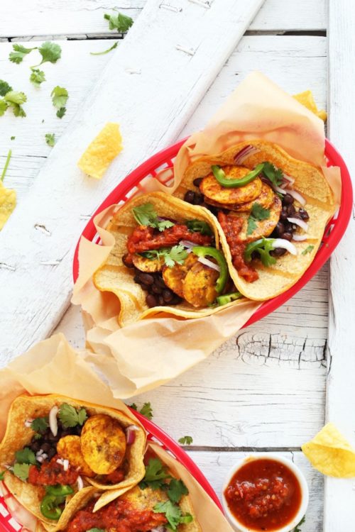 Tray of Spicy Plantain Black Bean Tacos for a healthy plant-based meal