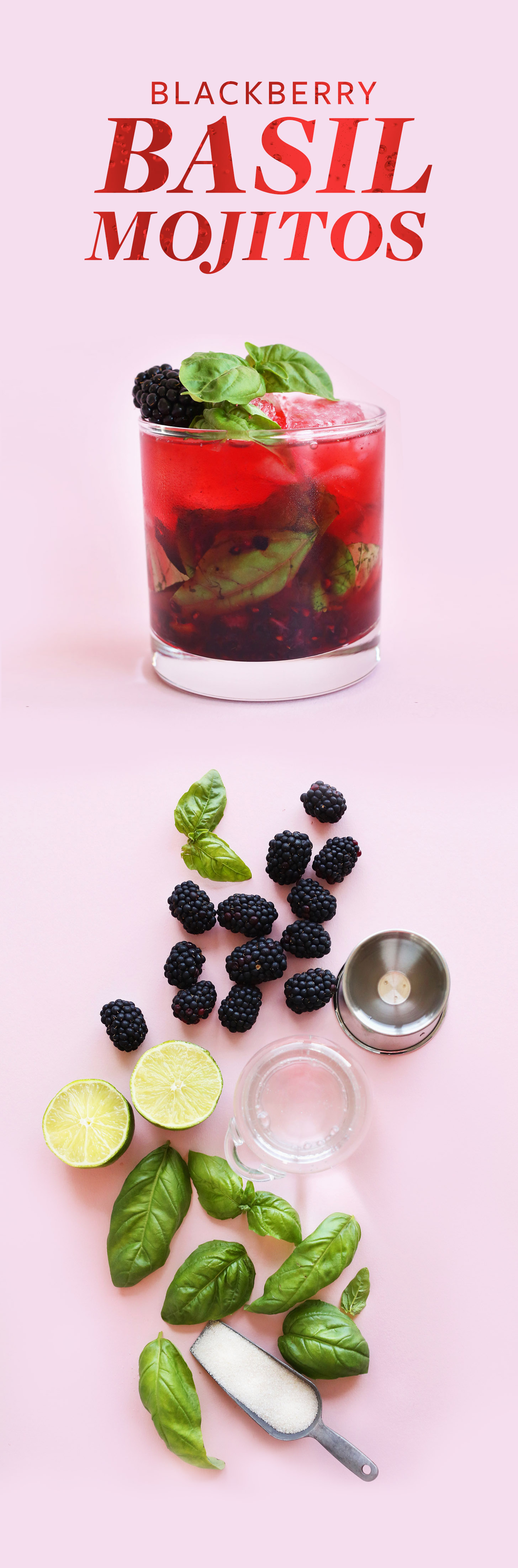 Glass of Blackberry Basil Mojito and ingredients used to make it