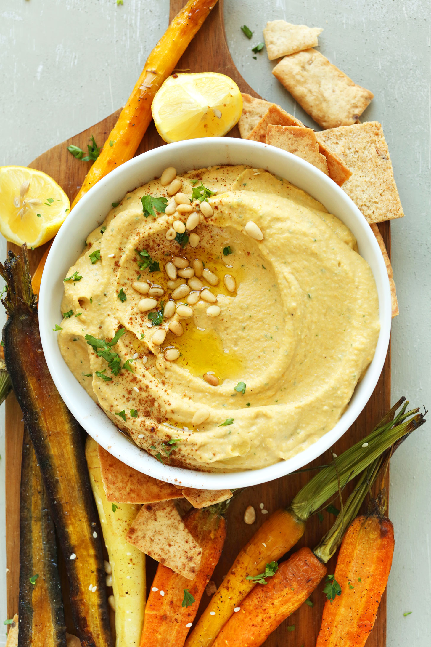 Bowl of Butternut Squash Hummus for a healthy fall dip recipe