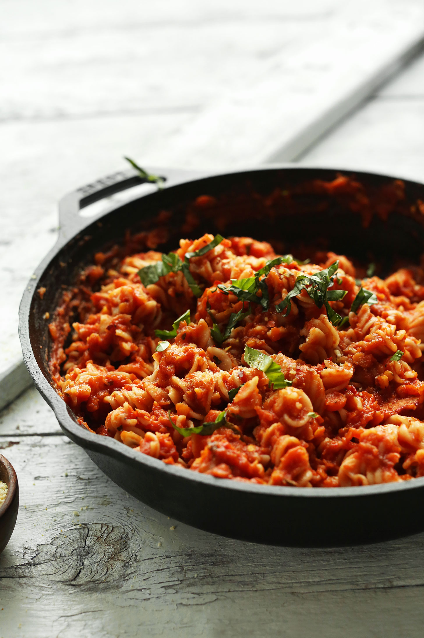 Cast-iron skillet filled with our recipe for Spicy Red Pasta with Lentils