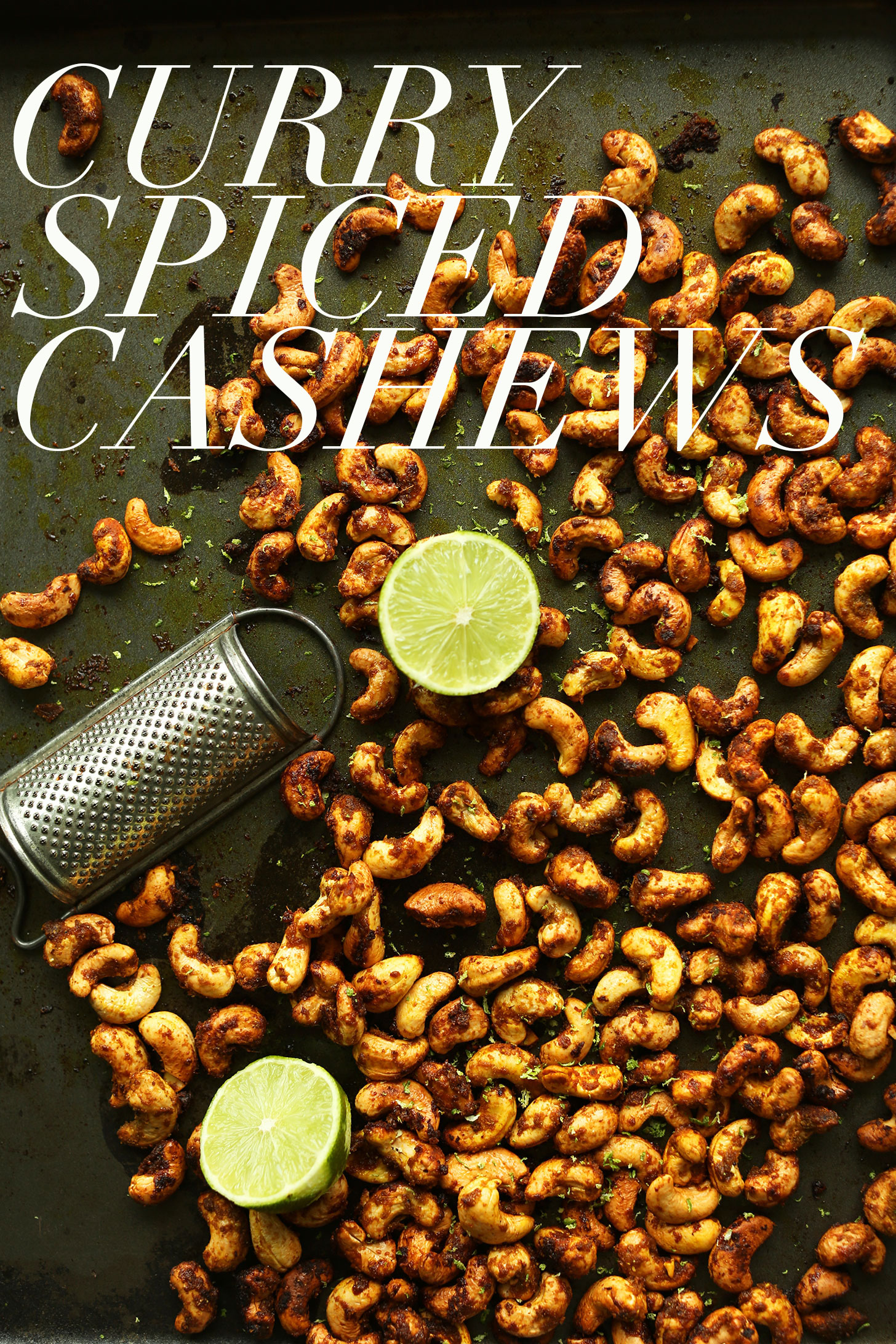 Baking sheet filled with gluten-free vegan Curry-Spiced Cashews 