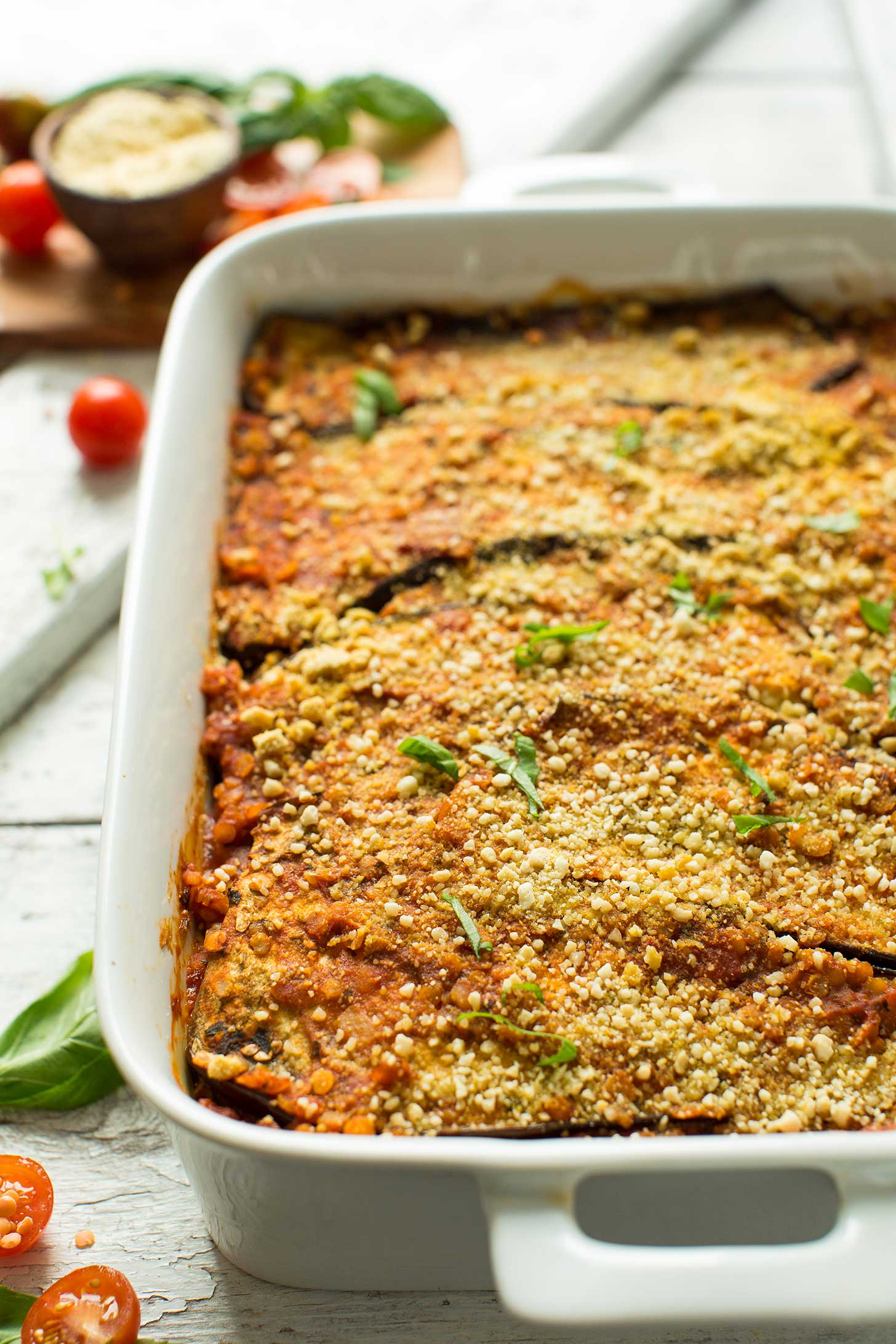 Ceramic baking dish with protein-packed vegan Eggplant Lasagna