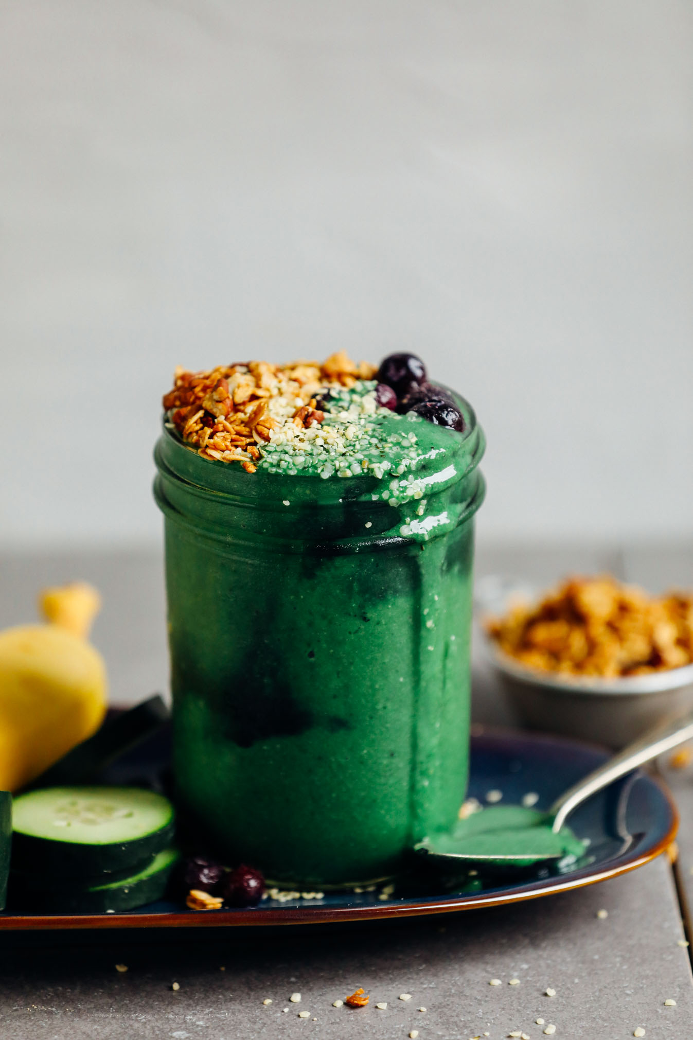 Mason jar containing our vegan Super Green Spirulina Smoothie recipe