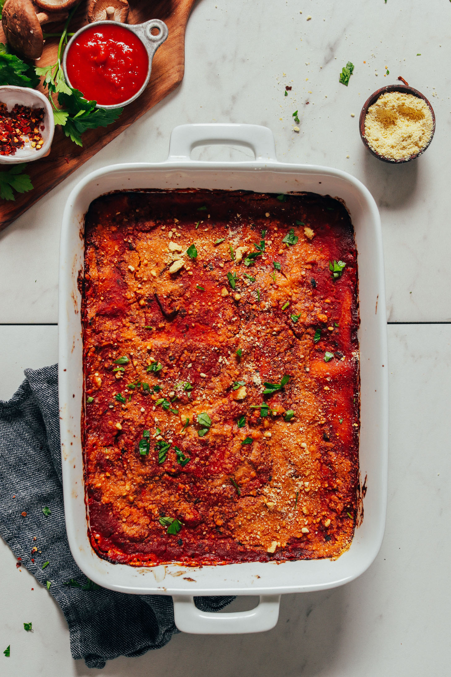 Baking pan filled with a batch of our Easy Vegan Lasagna recipe