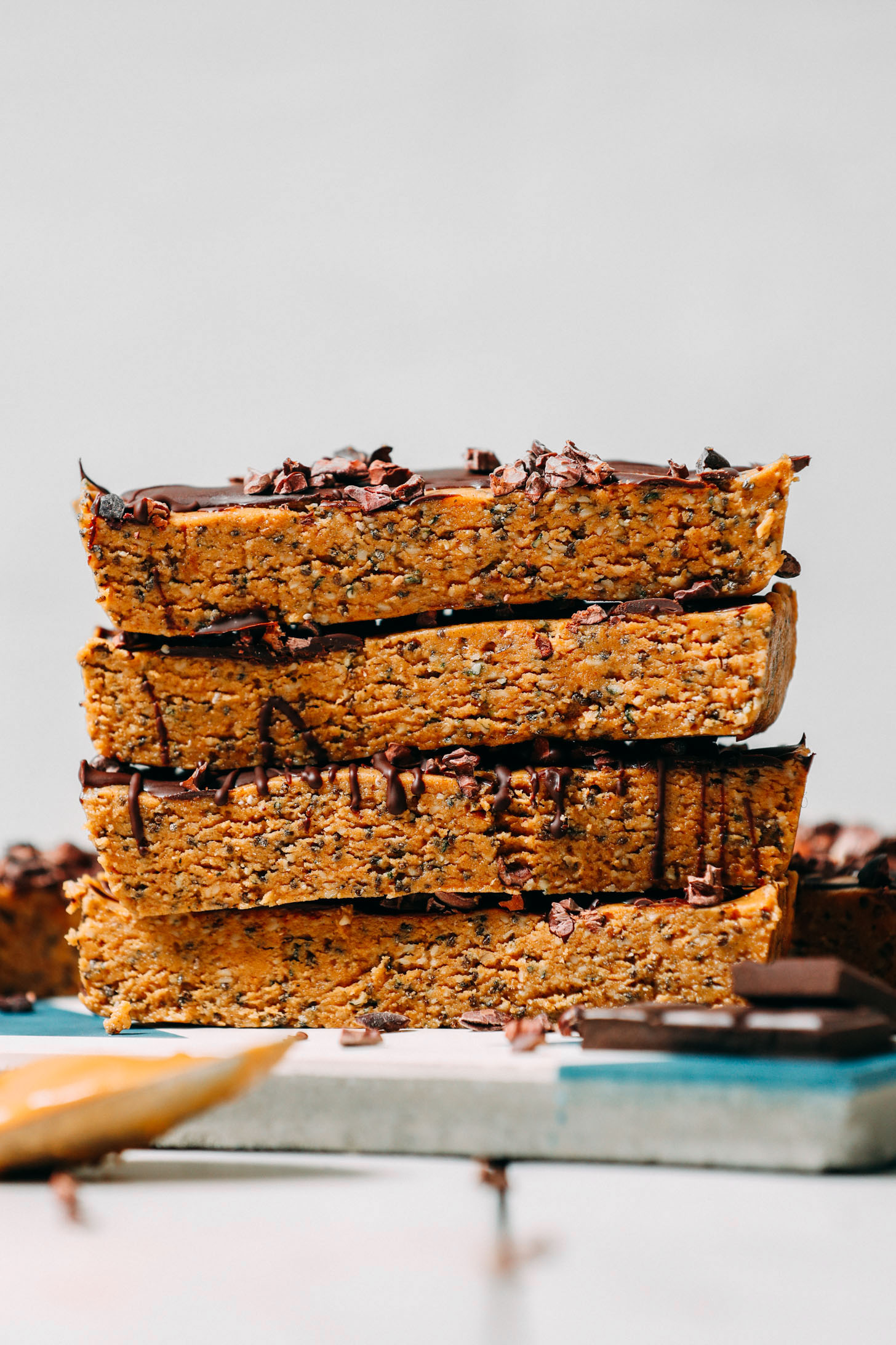 Stack of grain-free 5-Ingredient Protein Bars made with peanut butter