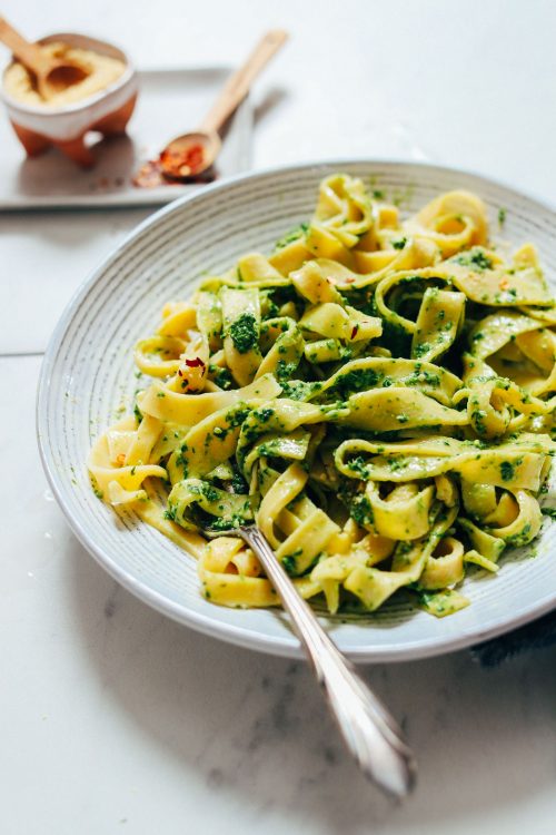 Bowl of homemade Gluten-Free Pasta with pesto