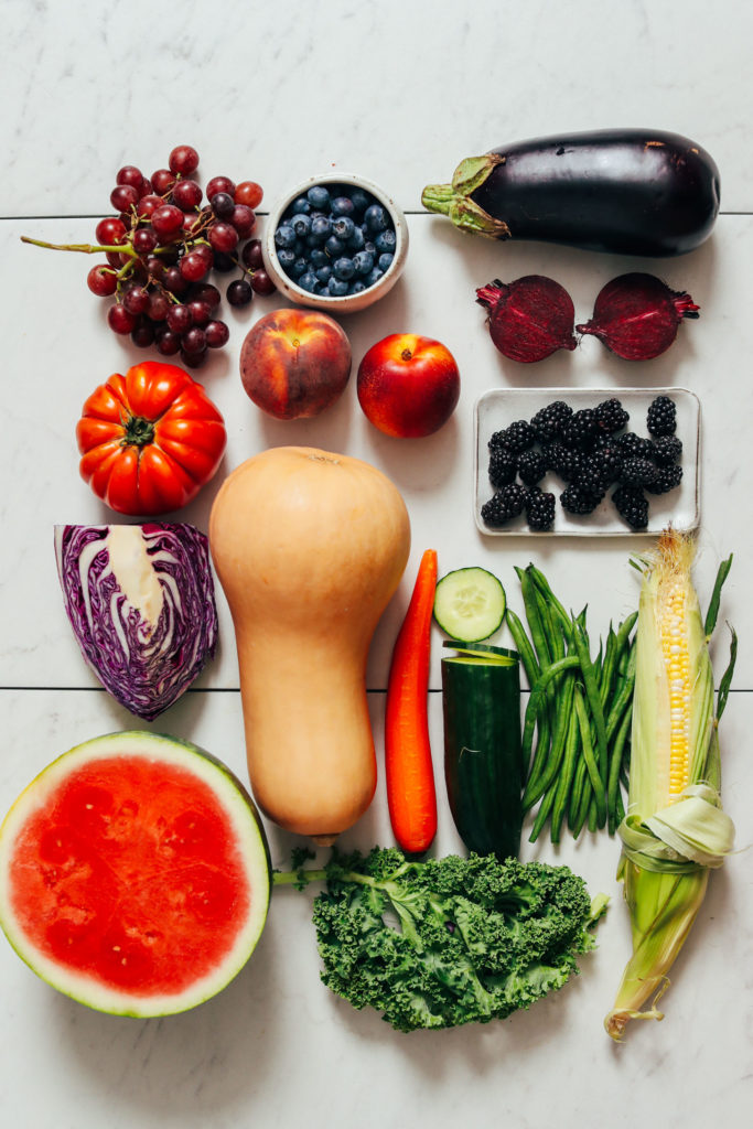 Grapes, blueberries, peach, nectarine, cabbage, butternut squash, kale, corn, watermelon, and other August produce