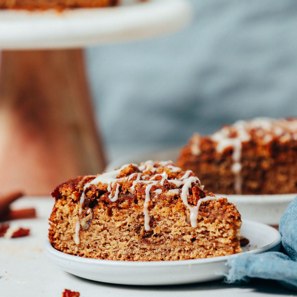Slices of gluten free vegan coffee cake with glaze
