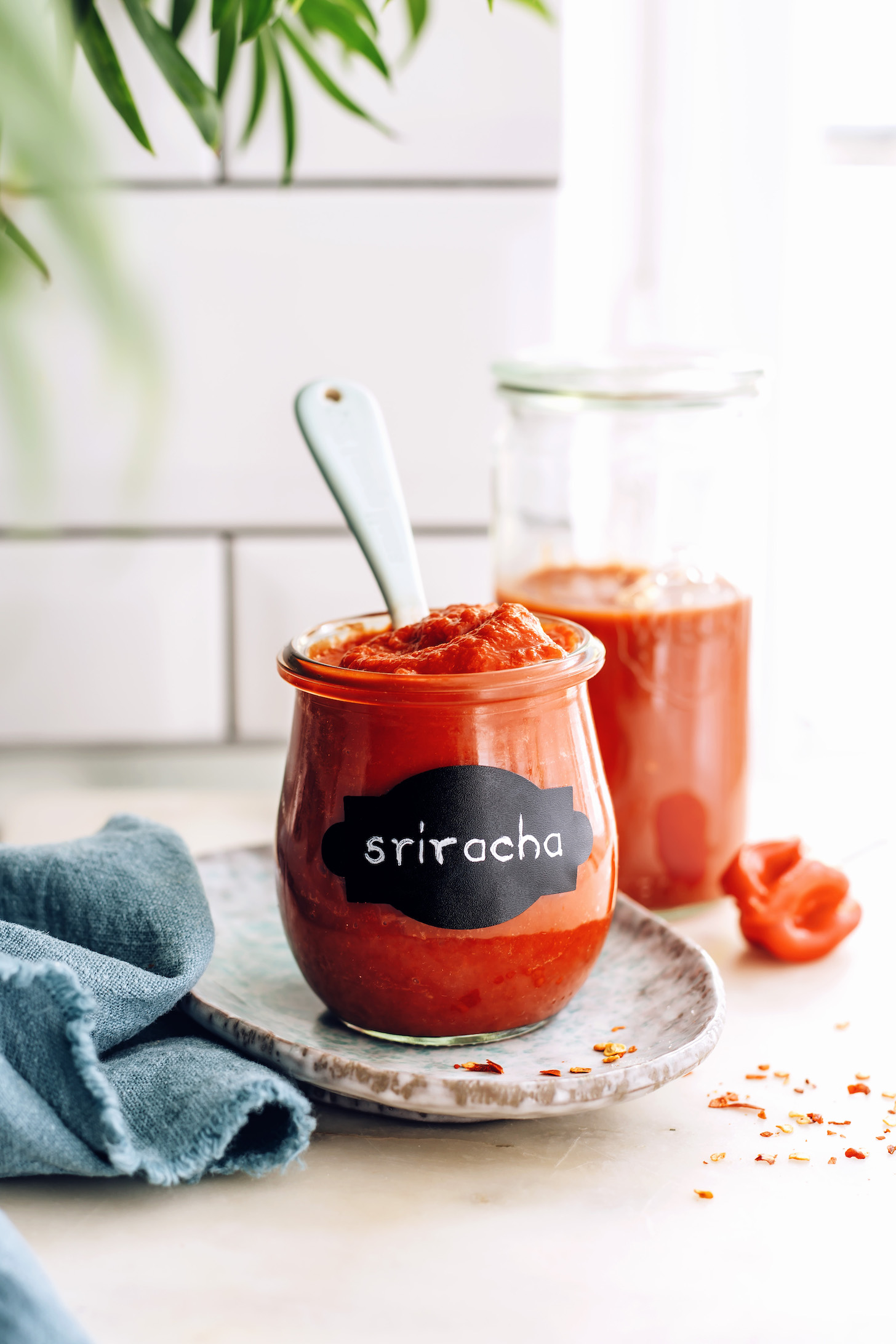 Jars of homemade sriracha