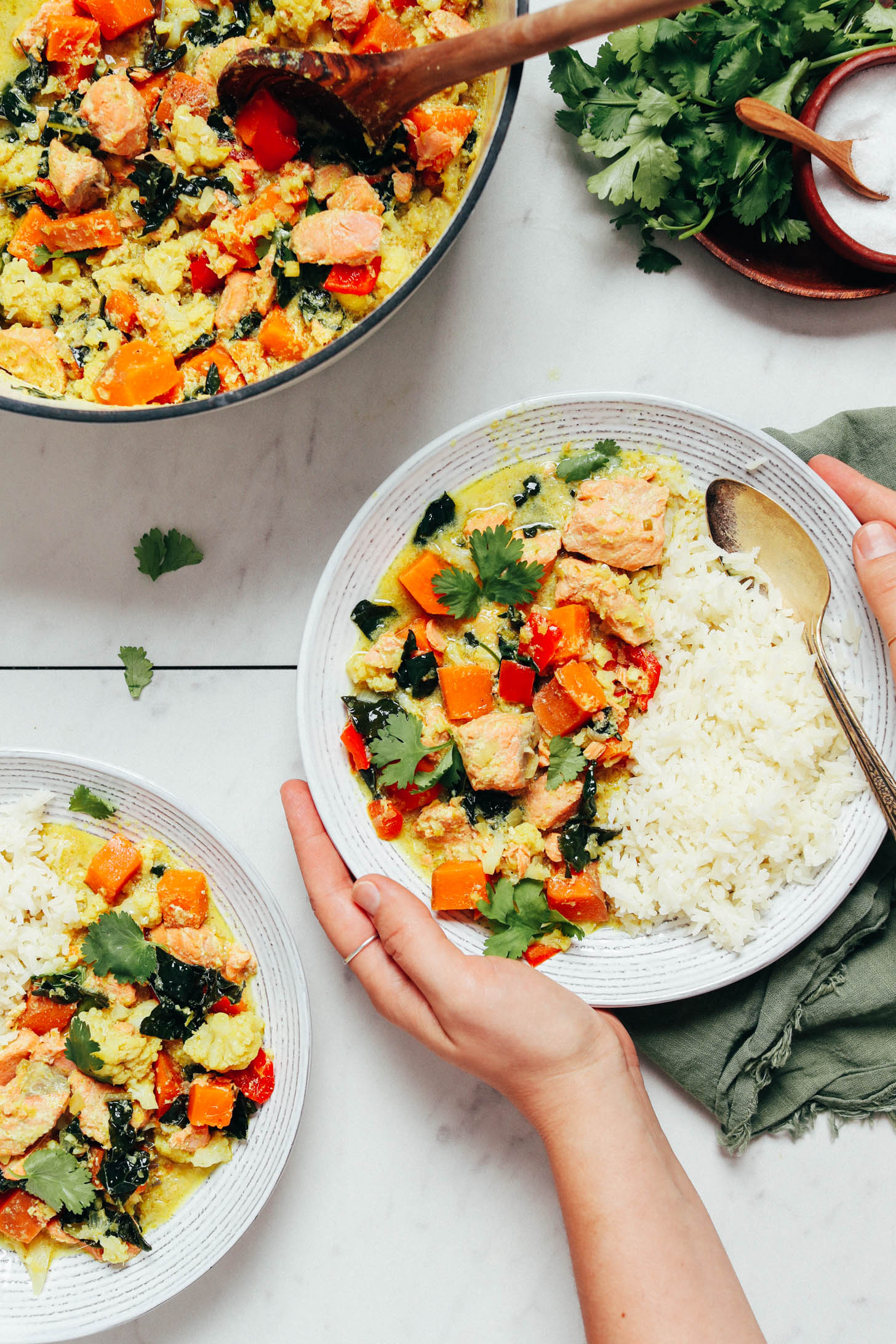 Hands holding a bowl of salmon green curry next to a pot of more curry