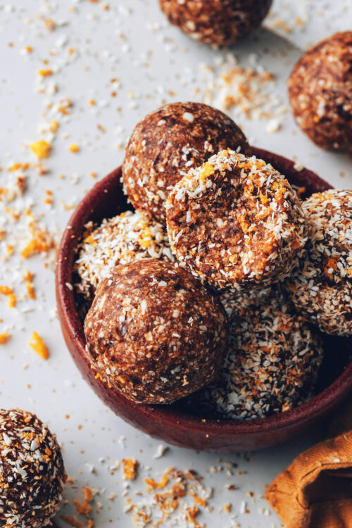 Bowl of orange cardamom energy bites