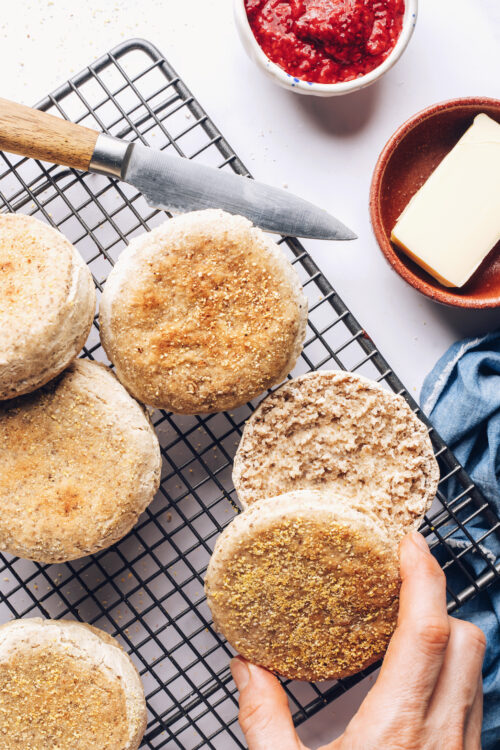 Cooling rack with homemade gluten-free English muffins