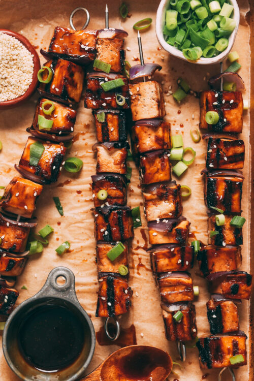 Grilled teriyaki tofu skewers with green onions