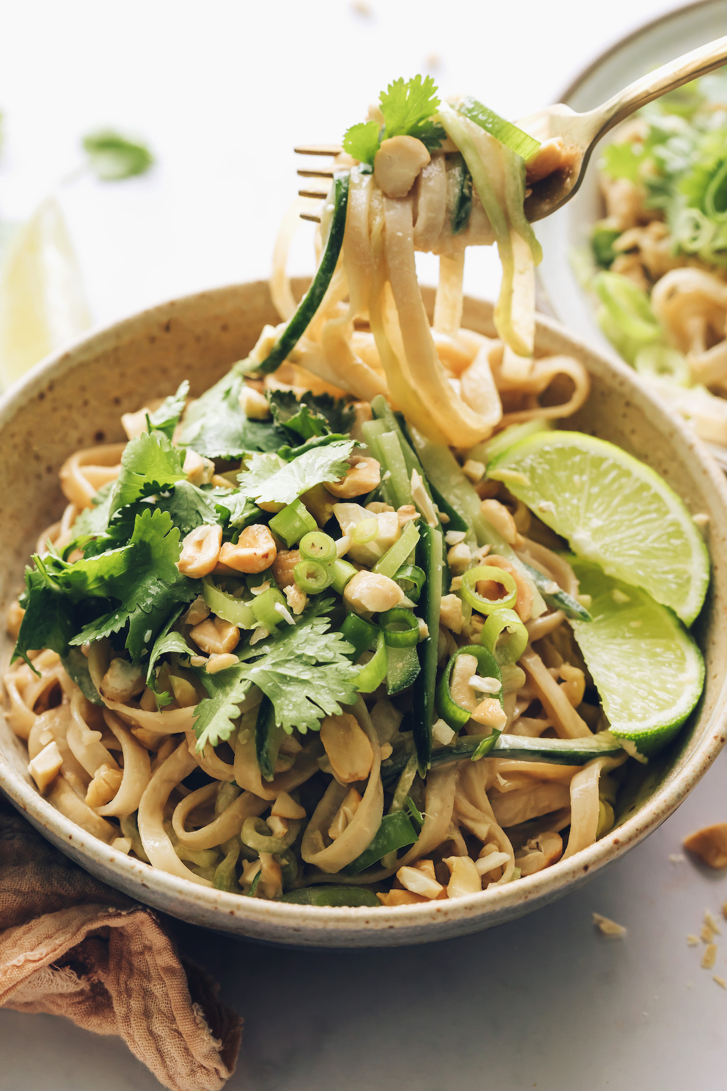 Fork picking up a bite of an Asian-inspired sesame noodle salad from a bowl