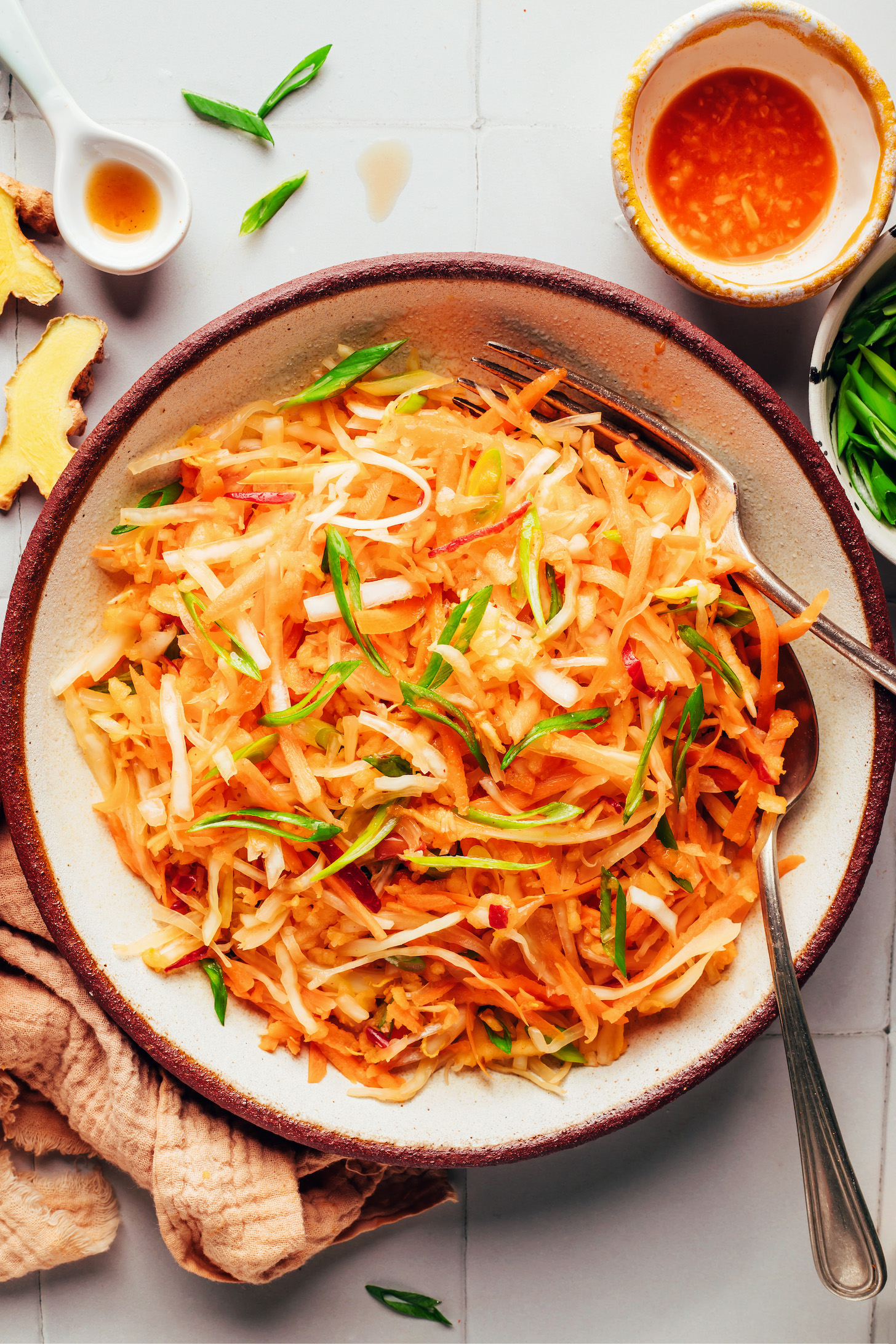 Overhead shot of a bowl of Korean-inspired cabbage apple slaw
