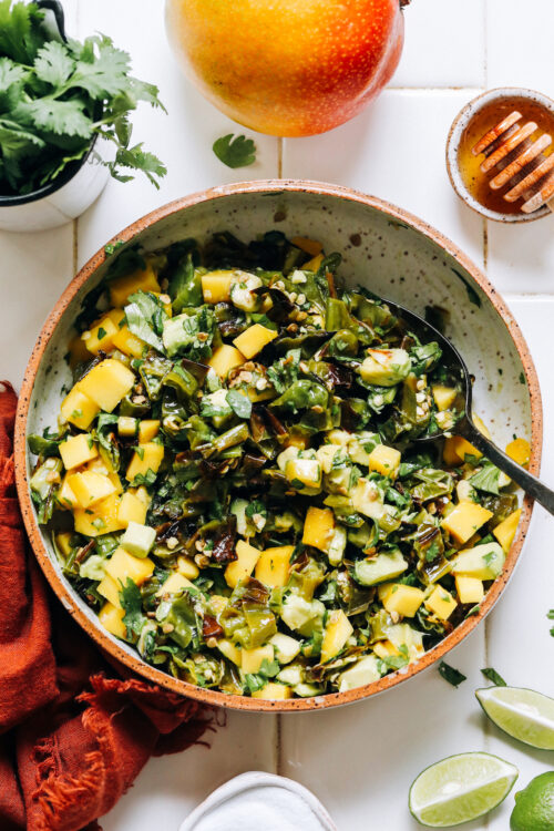 Spoon in a bowl of charred shishito pepper mango salsa